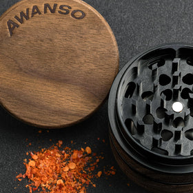 Awanso 3-piece grinder shows aluminum teeth for efficient, even spice texture.