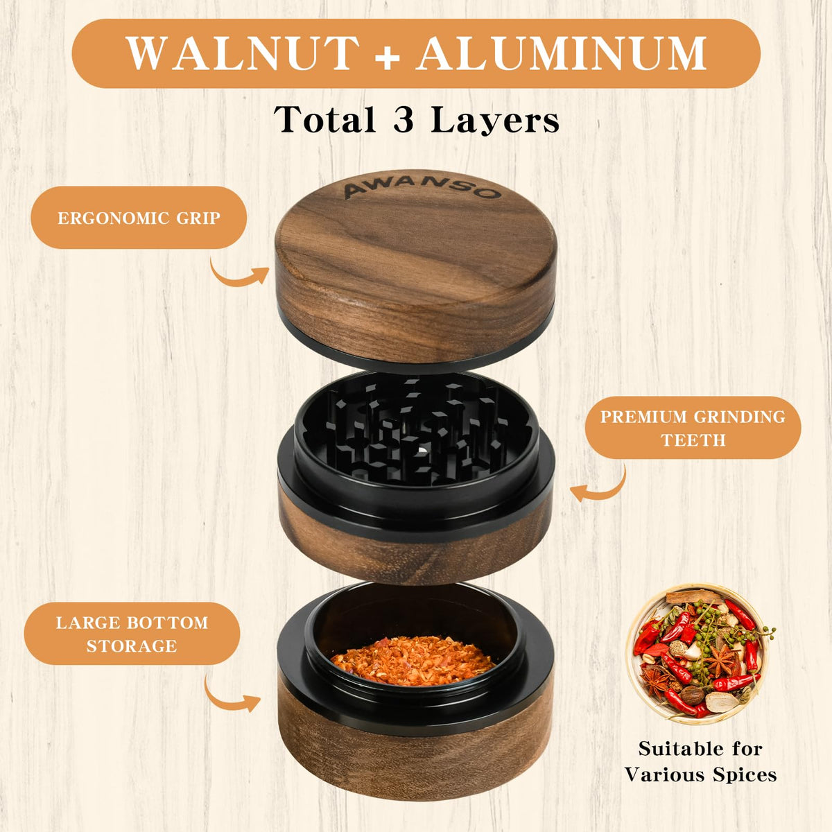 Awanso walnut-wood body grinder highlights natural grain and ergonomic grip for comfortable grinding.