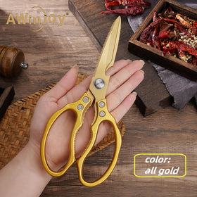 AWinjoy heavy-duty stainless steel kitchen shears with a comfortable golden handle, ideal for tough tasks.