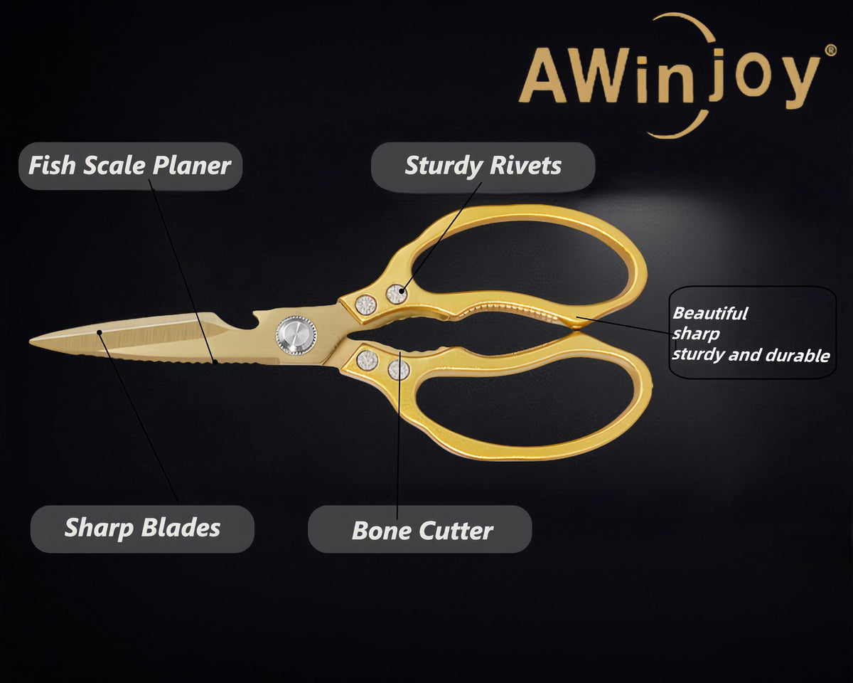 AWinjoy multipurpose kitchen scissors cutting meat, herbs, and vegetables with ease.
