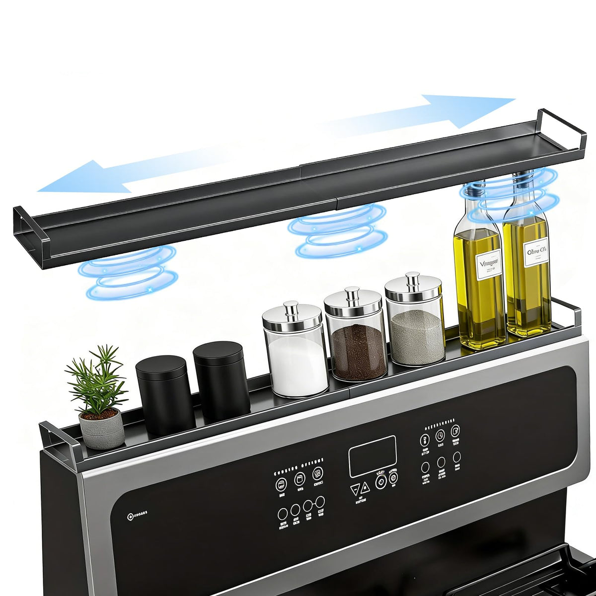 AWOKE magnetic over-the-stove shelf extends to fit your stove, freeing counter space.