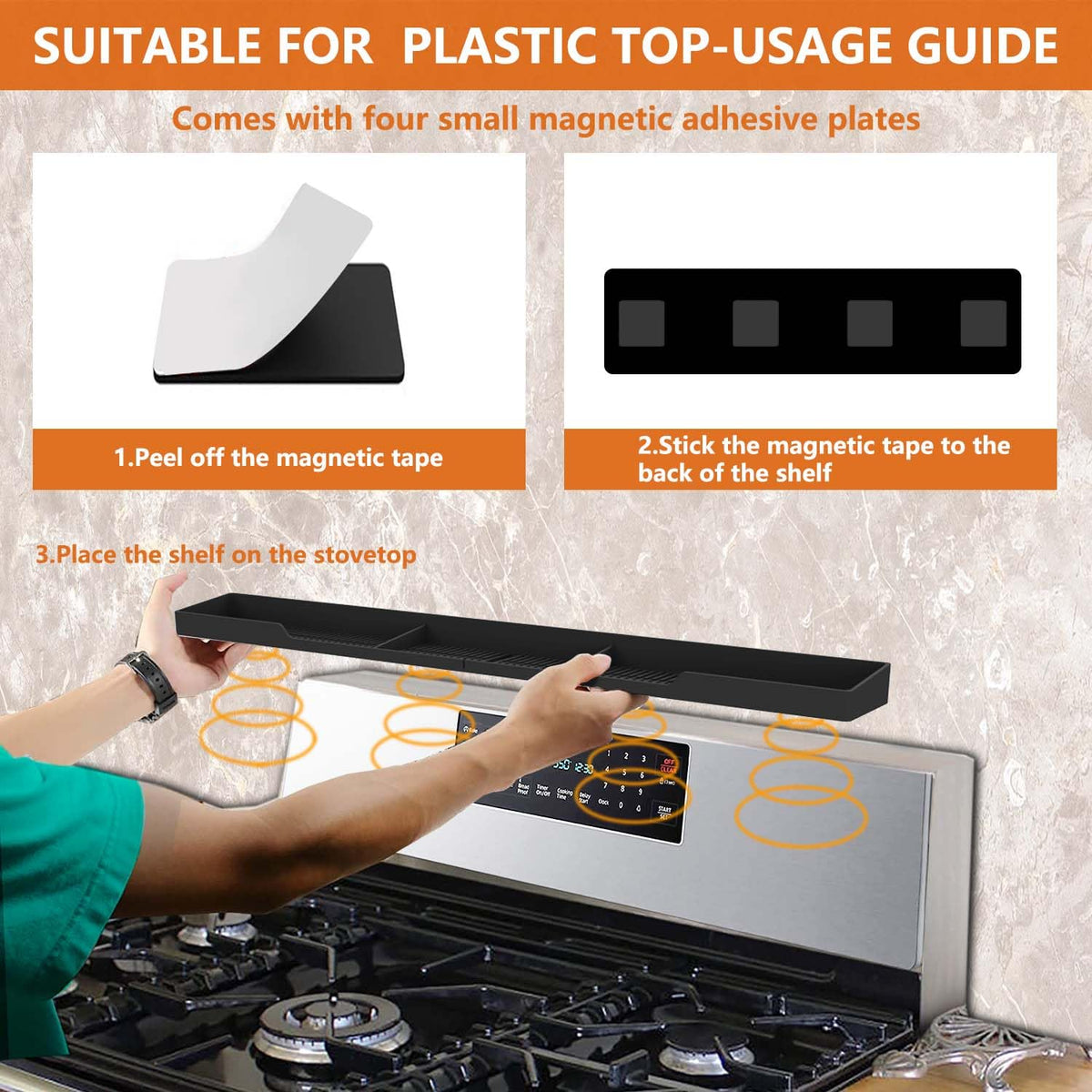 AWOKE flexible-fit stove top shelf adapting to flat and curved stoves