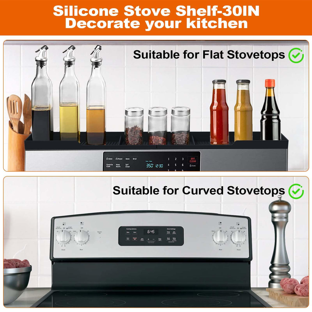 AWOKE safety barrier on stove top shelf preventing spills and tipping