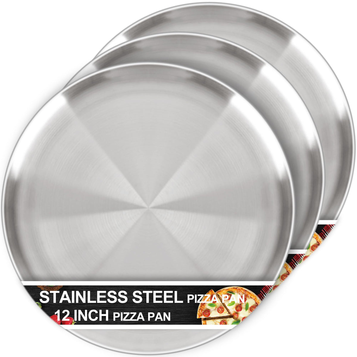 AWTBDP 12-inch pizza pan set showing durable stainless steel construction and even baking potential.