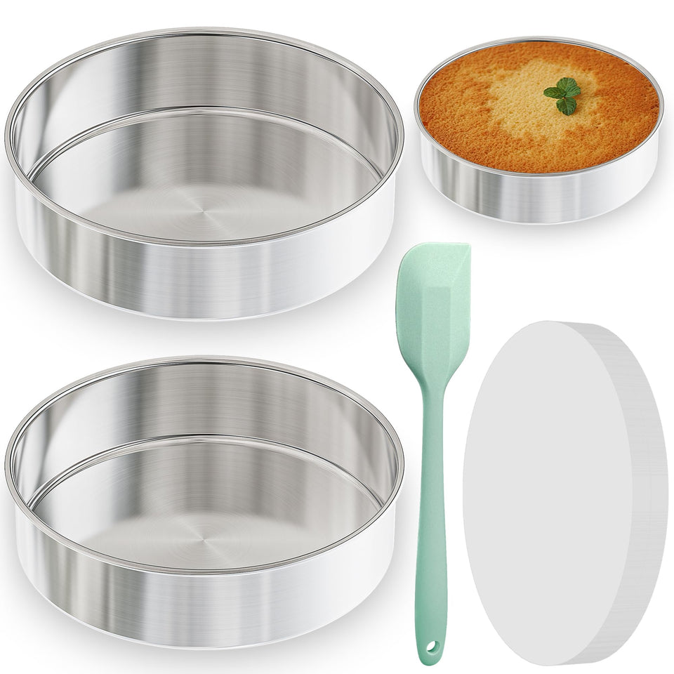 AWTBDP 9.5-inch round cake pans showcase durable stainless steel for even baking.