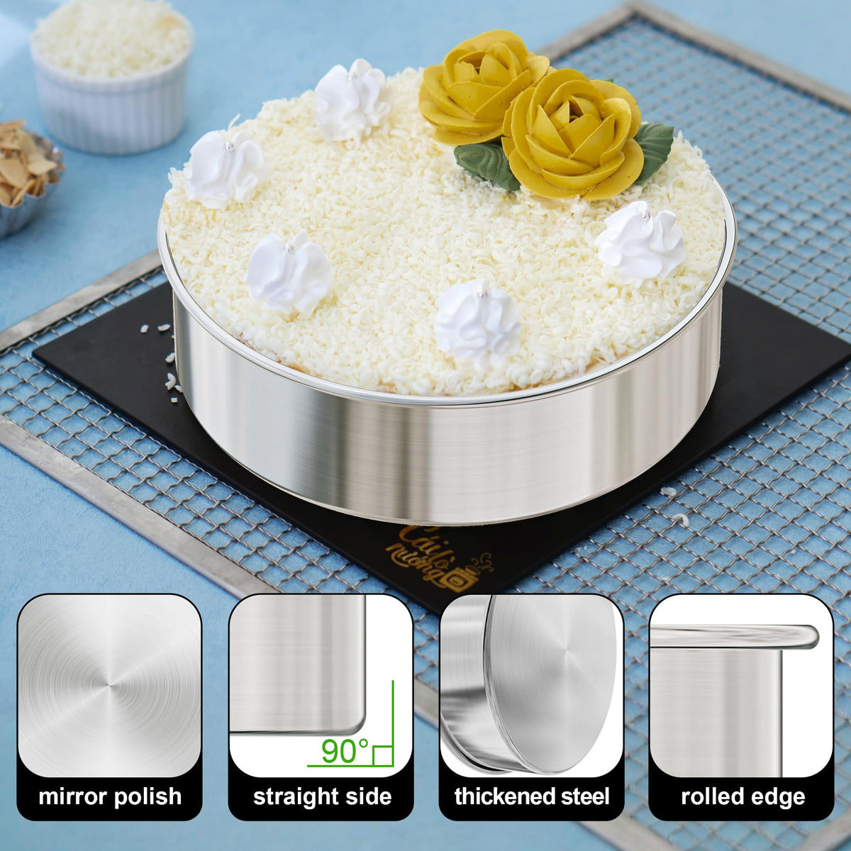 AWTBDP fixed-bottom round pan ensures neat layers and easier cake removal.