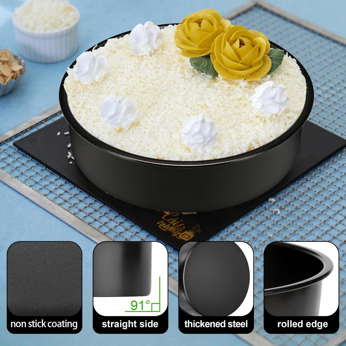AWTBDP straight-edged pans create clean cake edges for neat, professional layers