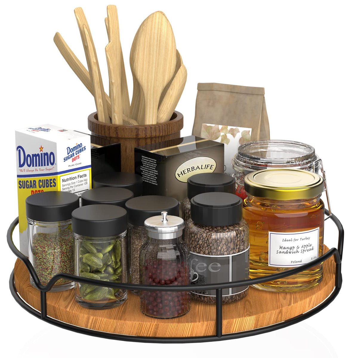 AXTEE Lazy Susan 10-inch pine turntable with carbonized black finish for easy cabinet organization.