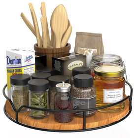 AXTEE Lazy Susan 10-inch pine turntable with carbonized black finish for easy cabinet organization.