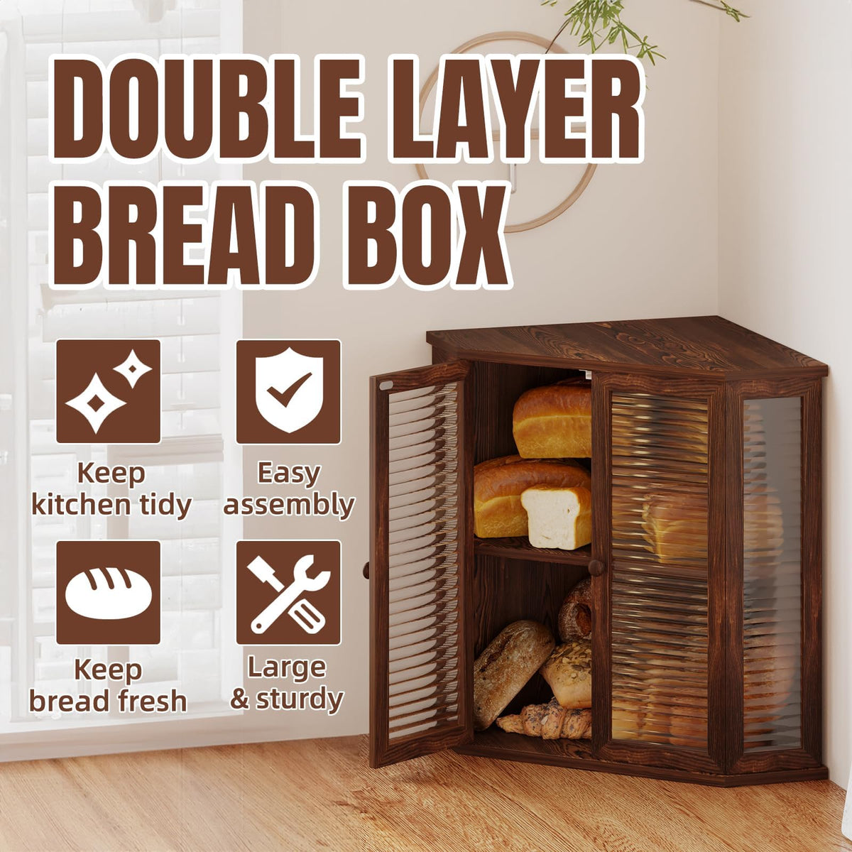 Aycarzcy Bread Box durable pine wood supports long lasting freshness and storage.