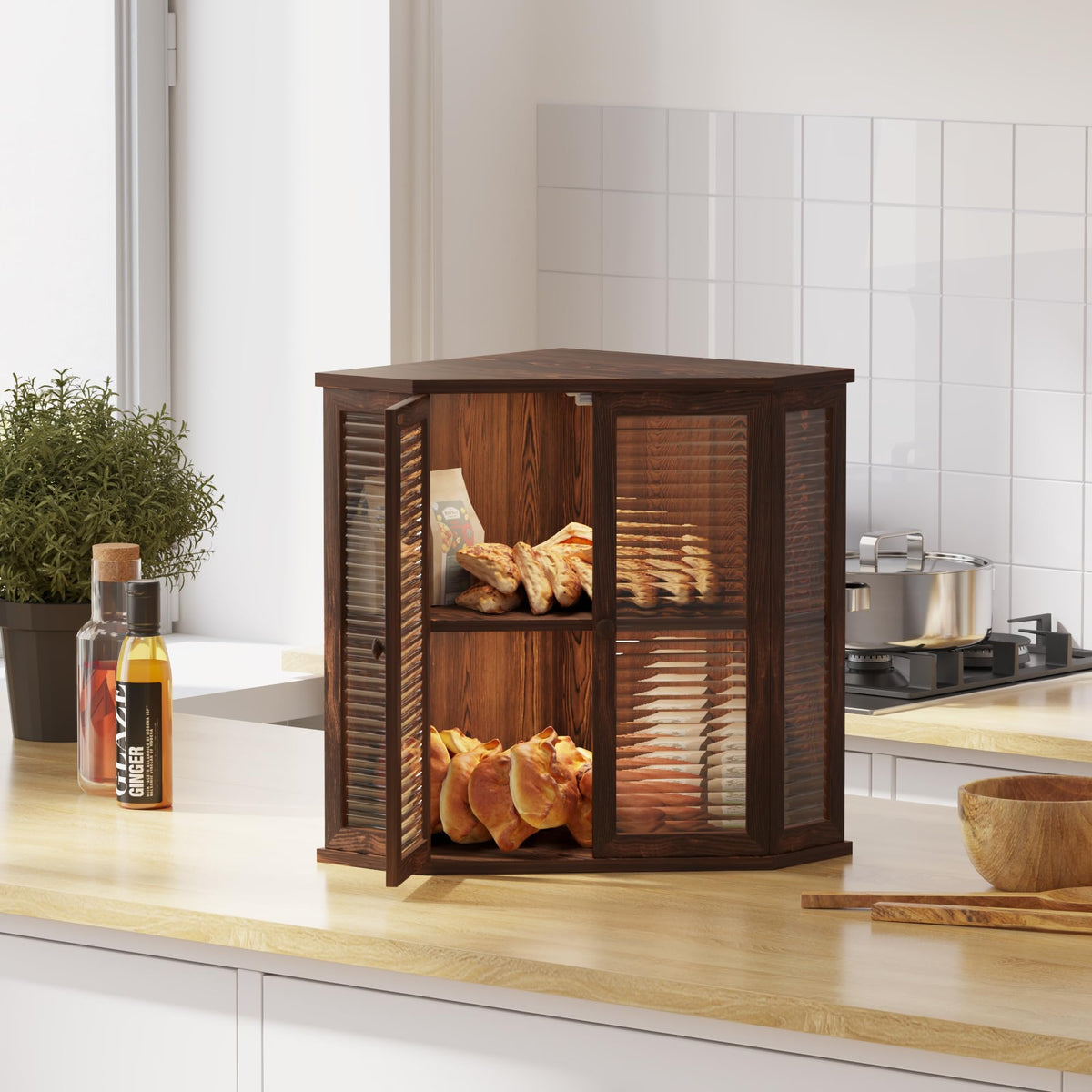 Aycarzcy Bread Box glass door wave demonstrates protected visibility while checking bread.