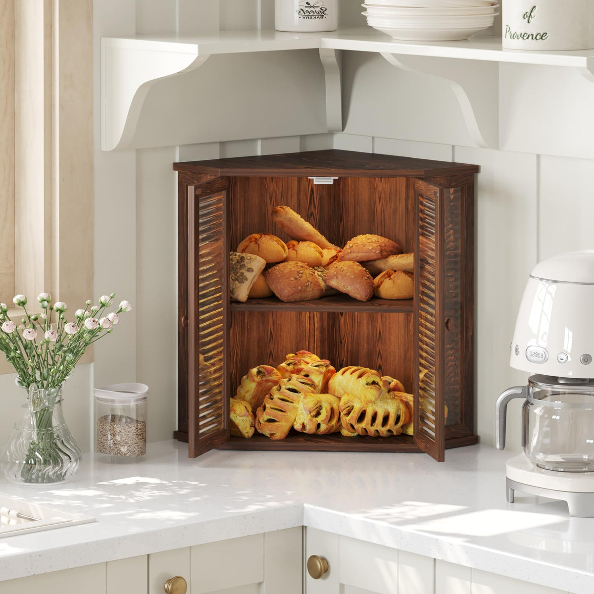 Aycarzcy Corner Bread Box side view highlights tall capacity for loaves.