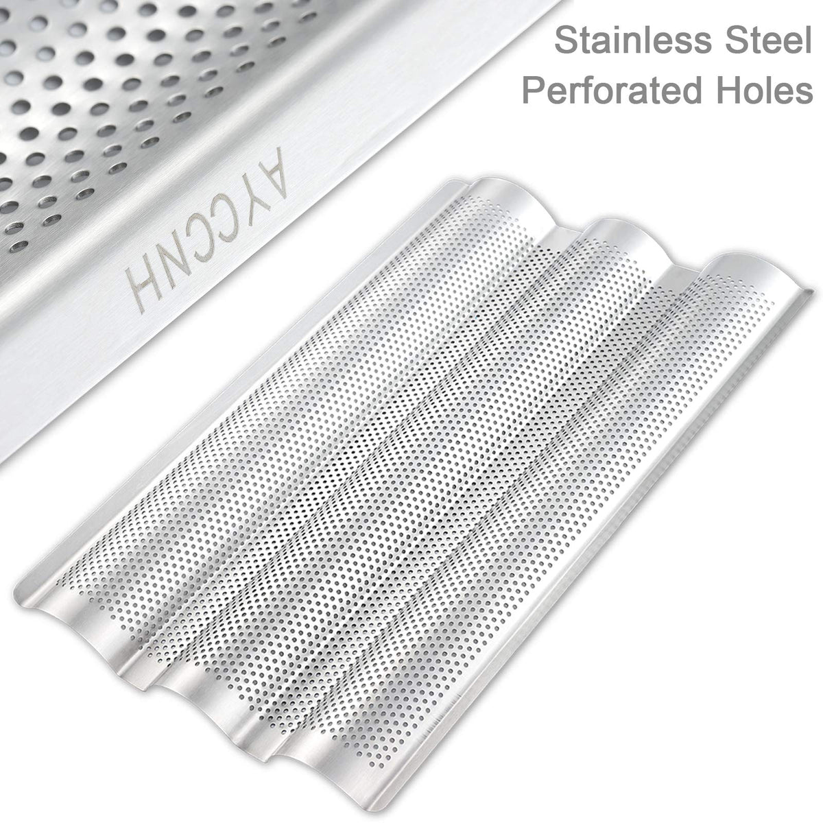 AYCCNH baguette pan perforations close-up highlighting moisture escape for airy interior.