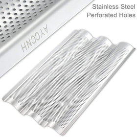 AYCCNH baguette pan perforations close-up highlighting moisture escape for airy interior.