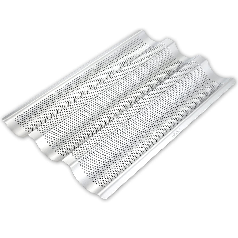 AYCCNH stainless steel baguette pan top view showing sturdy build for even baking.