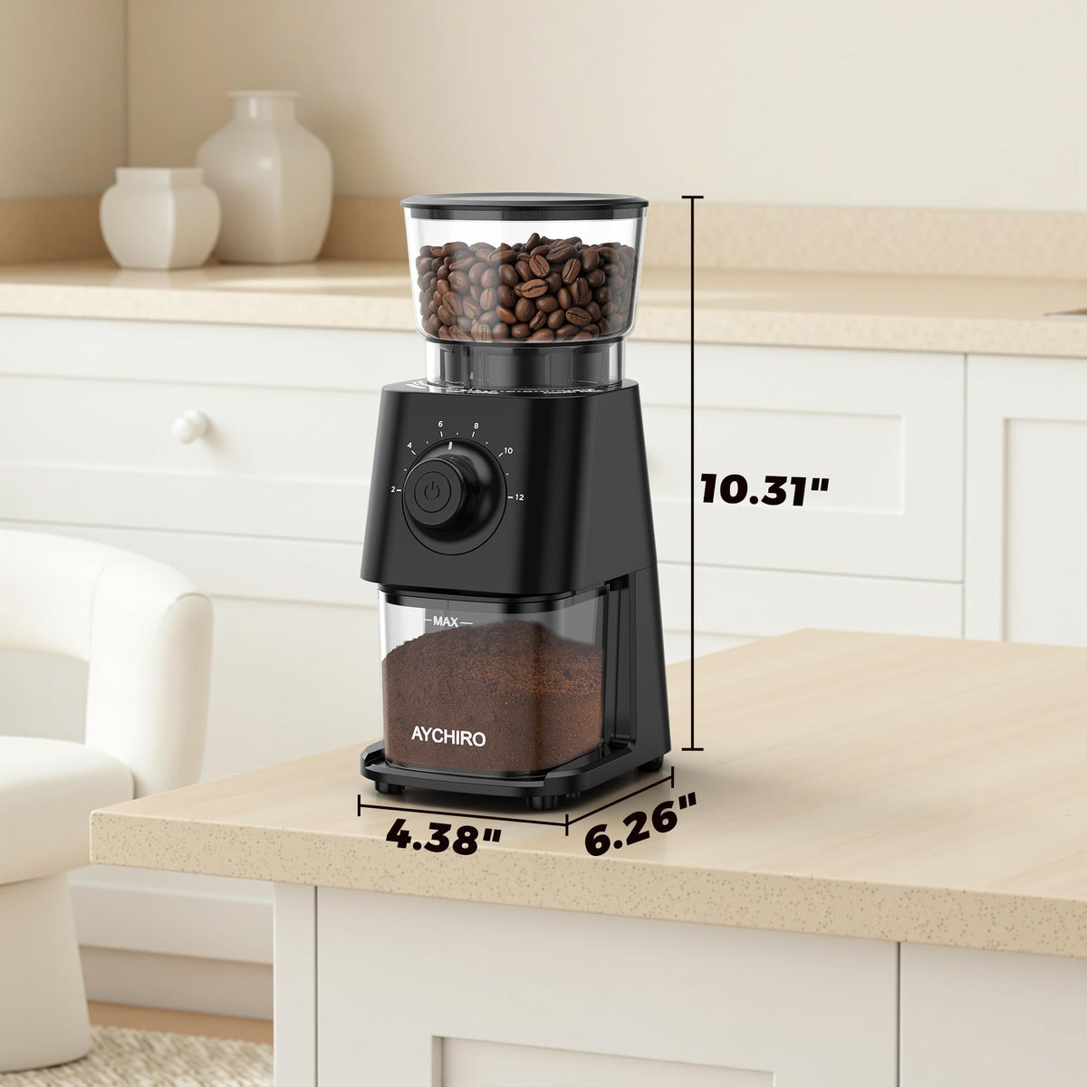 AYCHIRO grinder holds 12 cups, reducing refills during busy mornings.