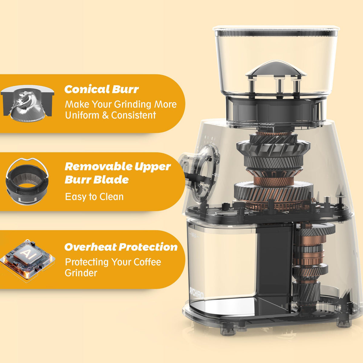 AYCHIRO coffee grinder offers 30 settings for espresso, drip, and Americano.