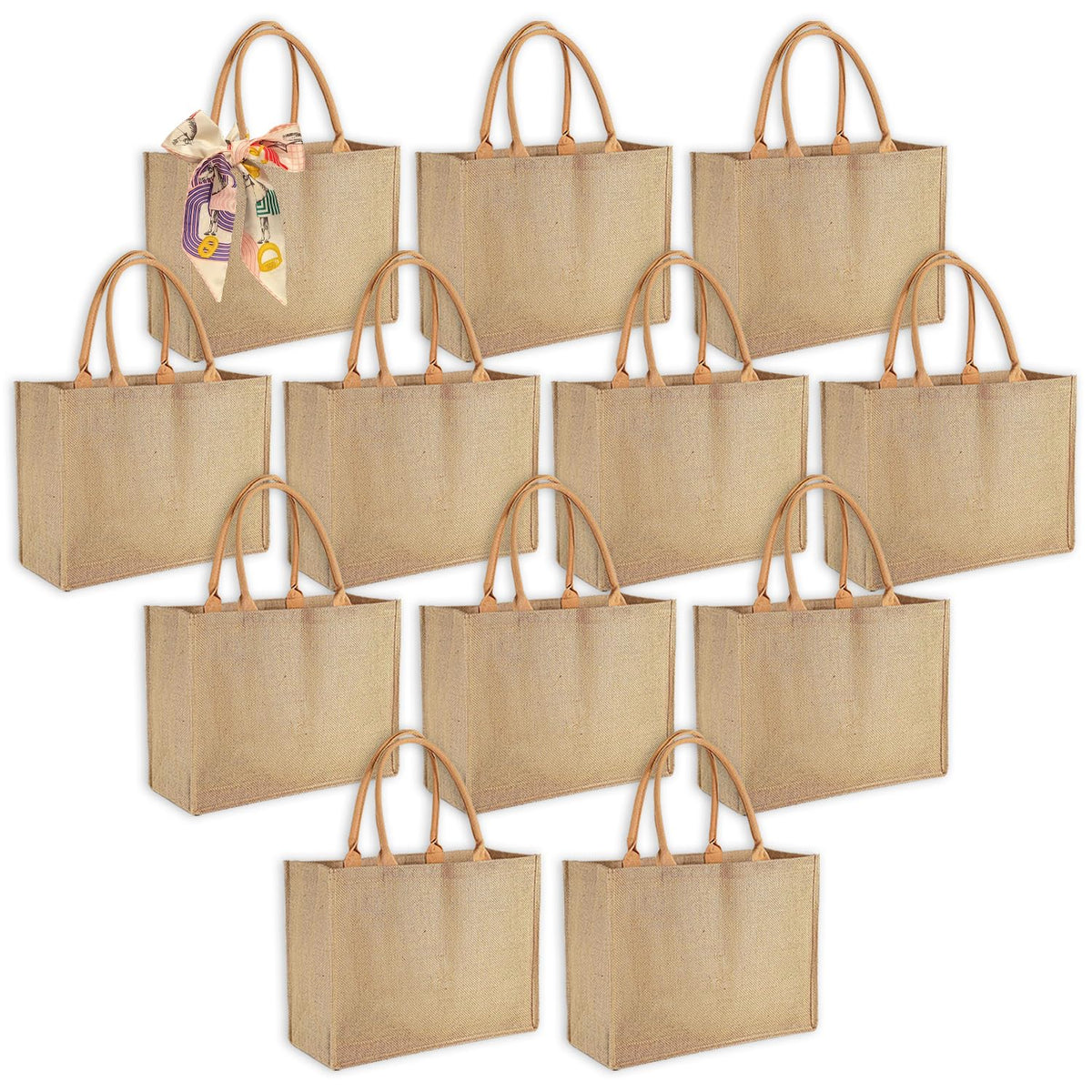 Ayearparty burlap tote bulk pack front view, spacious design for groceries and events.