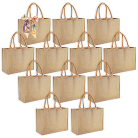 Ayearparty burlap tote bulk pack front view, spacious design for groceries and events.