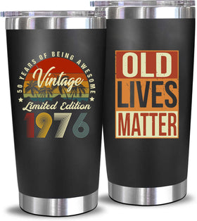 AYERMOYO 1976 tumbler front design showcases vintage flair for milestone celebrations.