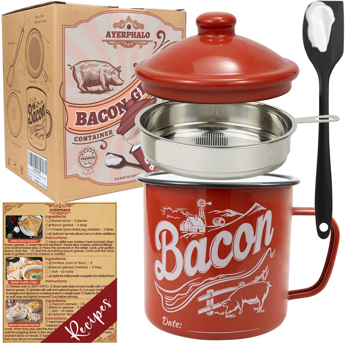 Ayerphalo bacon grease container with strainer—46oz capacity keeps fat neatly filtered for reuse.