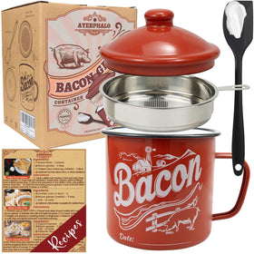 Ayerphalo bacon grease container with strainer—46oz capacity keeps fat neatly filtered for reuse.