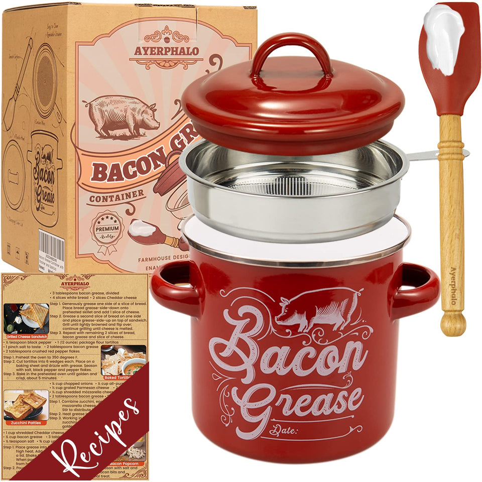 Ayerphalo bacon grease container with strainer keeps drippings clean for flavorful future meals.