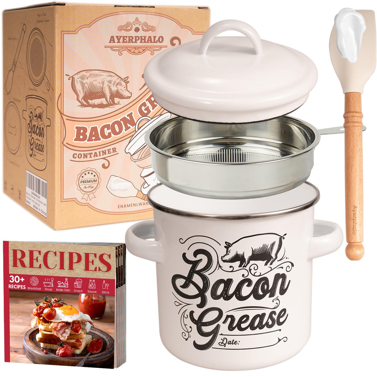 Ayerphalo bacon grease container with strainer on counter for quick pouring