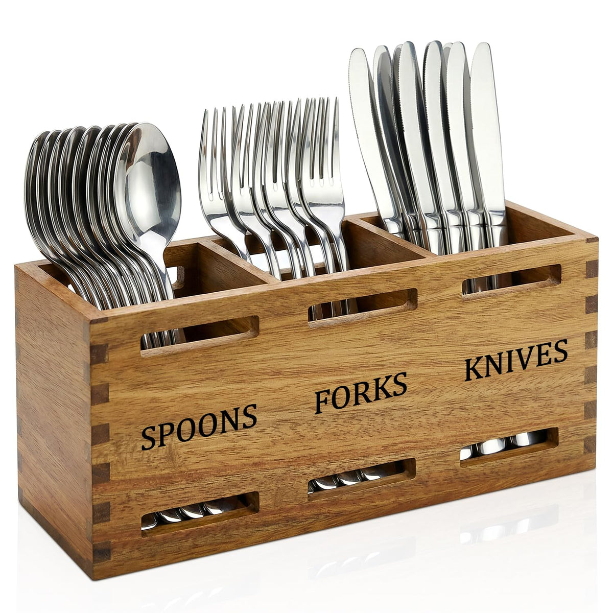 Ayiaren Farmhouse wooden silverware caddy on a counter, adding rustic organization to daily meals.