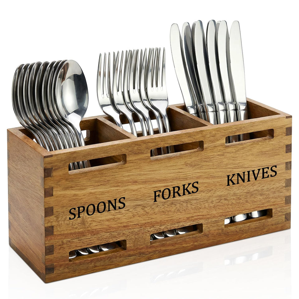 Ayiaren Farmhouse wooden silverware caddy on a counter, adding rustic organization to daily meals.