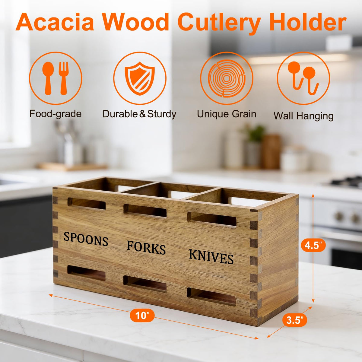 Ayiaren flatware caddy features cutouts for spoons, forks, and knives for easy selection.