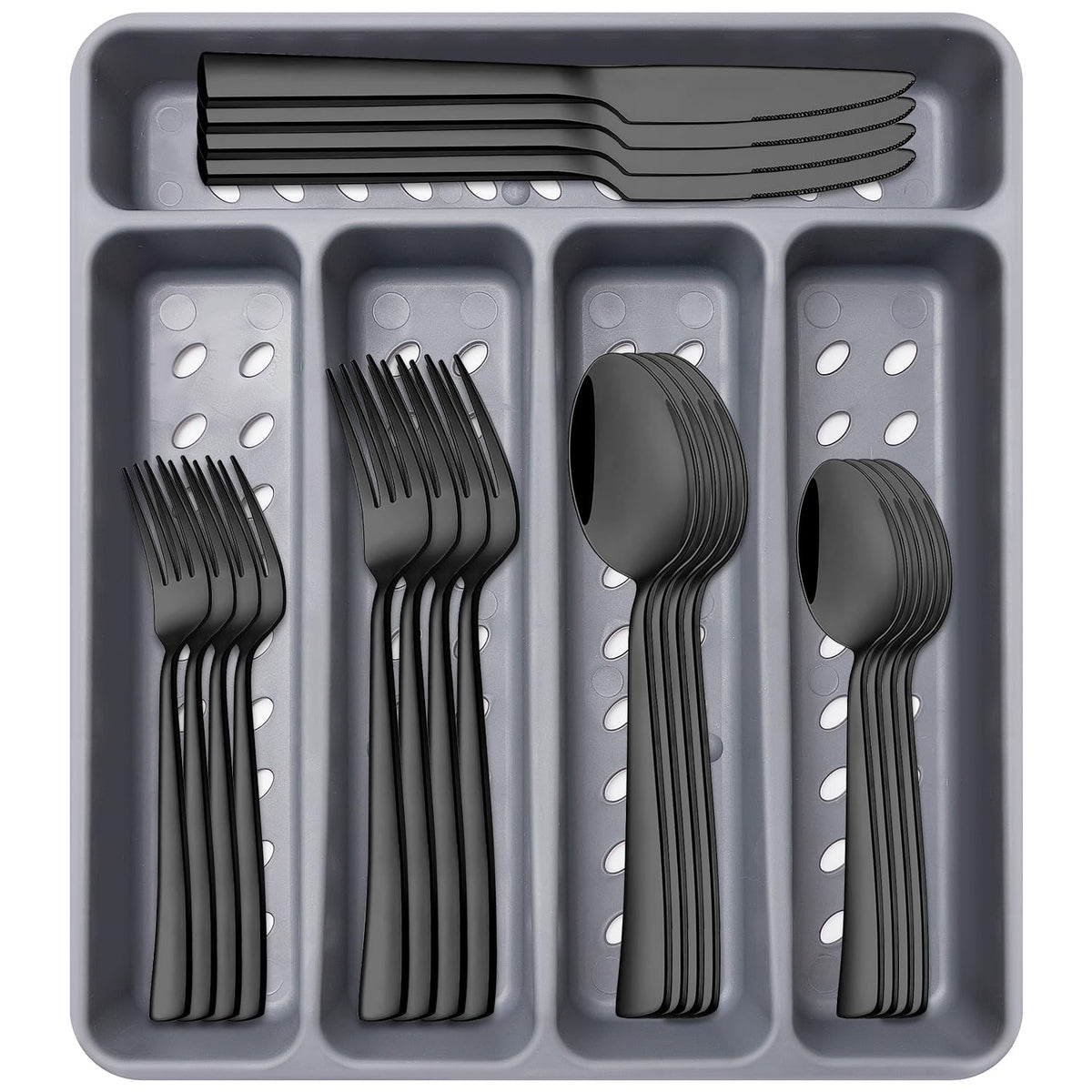 Ayiaren 21-piece black silverware set with organizer tray neatly arranged for storage and access