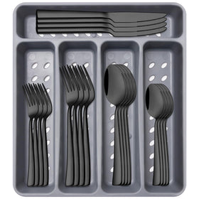 Ayiaren 21-piece black silverware set with organizer tray neatly arranged for storage and access