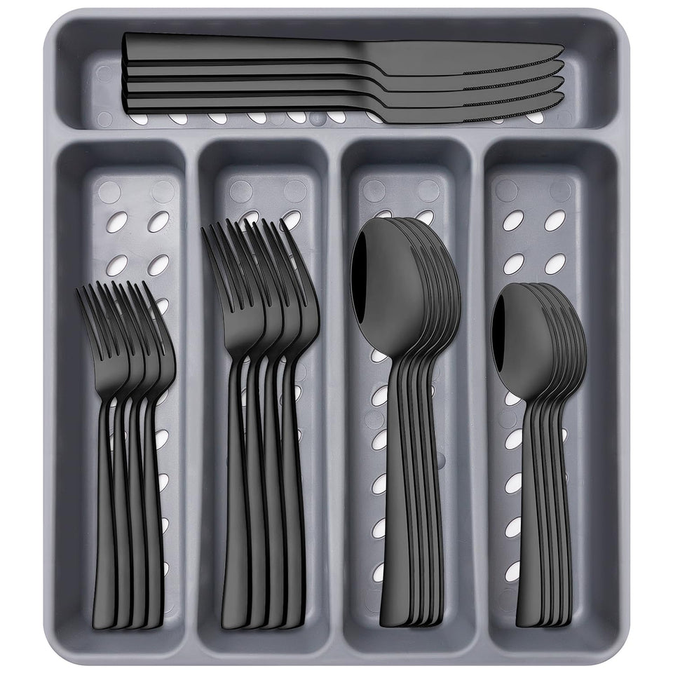 Ayiaren 21-piece black silverware set with organizer tray neatly arranged for storage and access