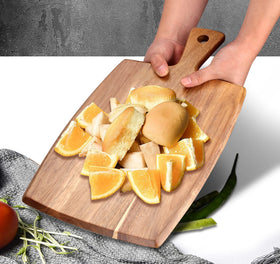 Ayiaren acacia carving board with rustic finish doubles as stylish countertop display.
