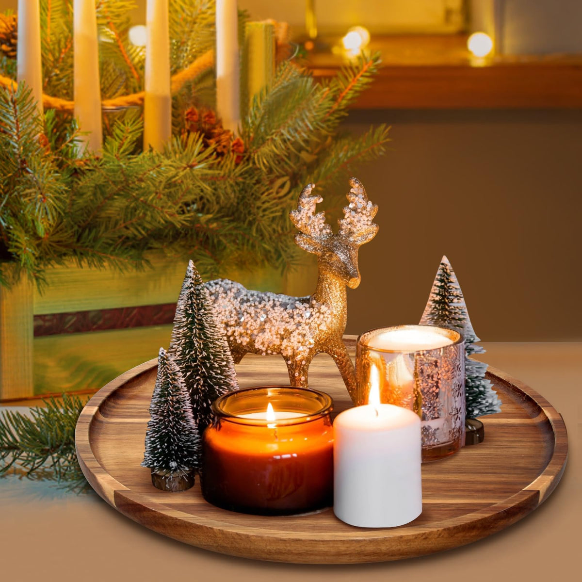 Ayiaren acacia round tray used as a candle holder for cozy ambience.