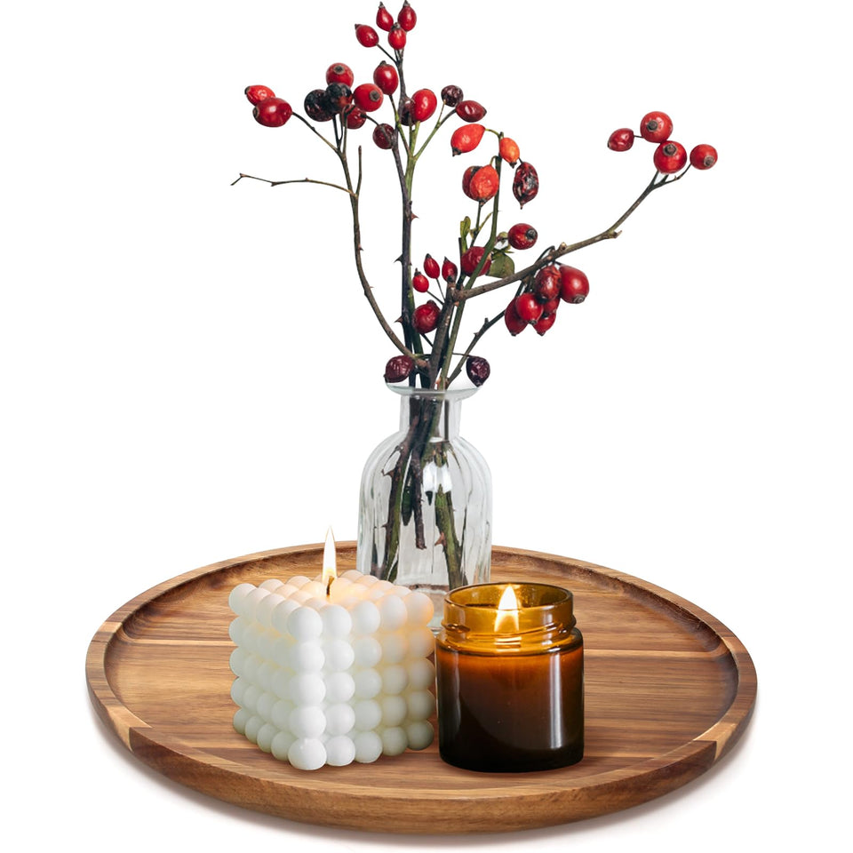 Ayiaren acacia round tray on a coffee table adds elegance and decor organization.