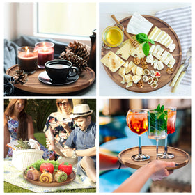 Ayiaren acacia round tray on kitchen counter for stylish serving of snacks and drinks.