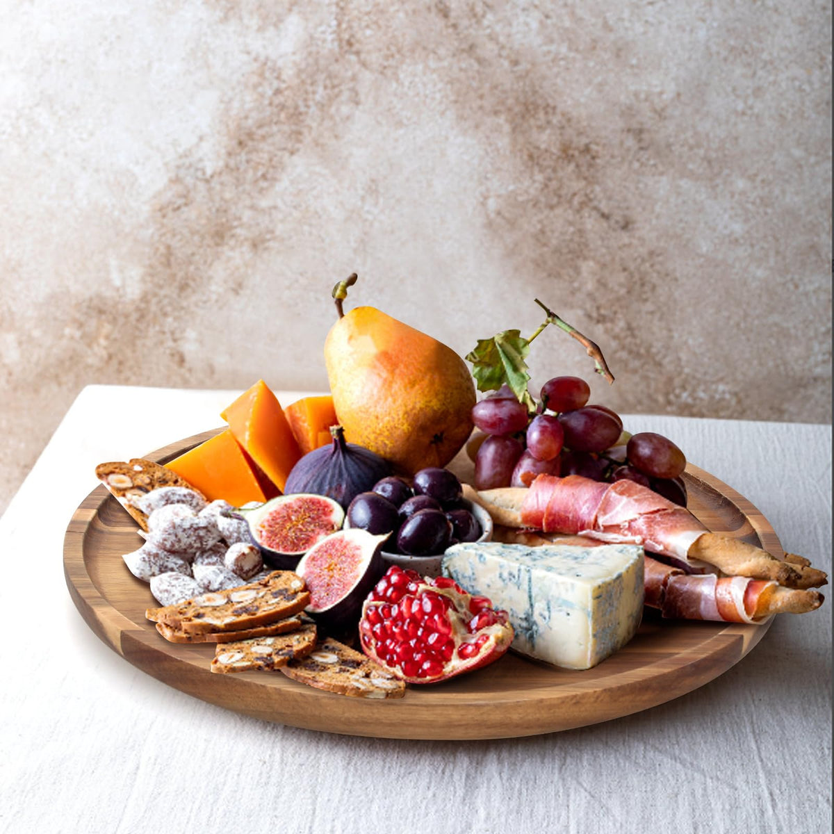 Ayiaren acacia round tray helping declutter shelves with rustic charm.