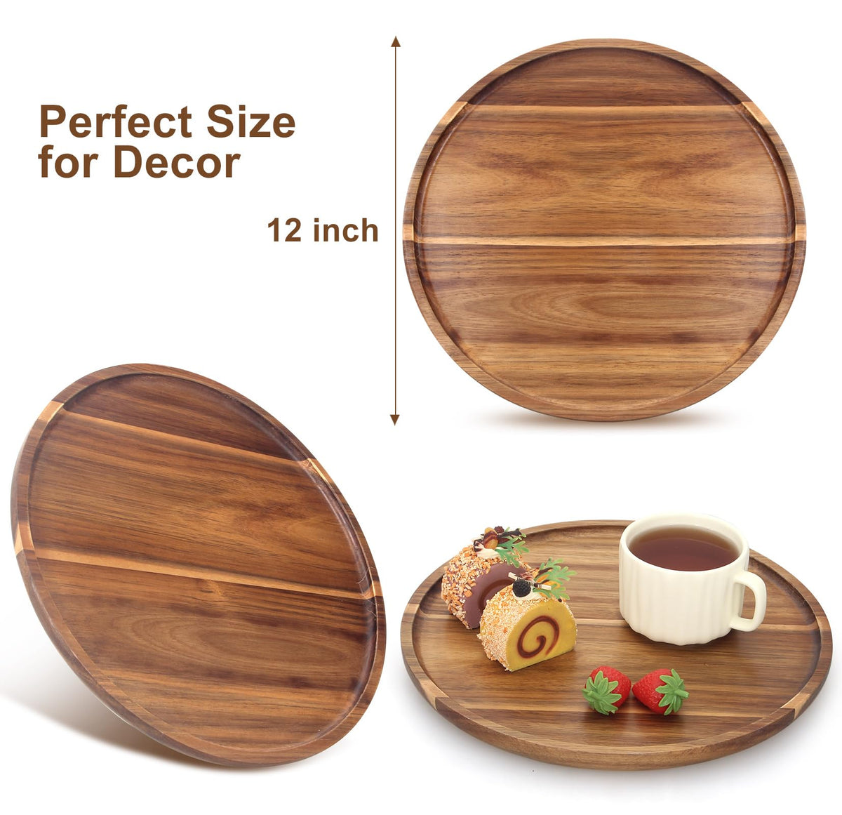 Ayiaren acacia round tray on vanity or bath display for easy organization and style.
