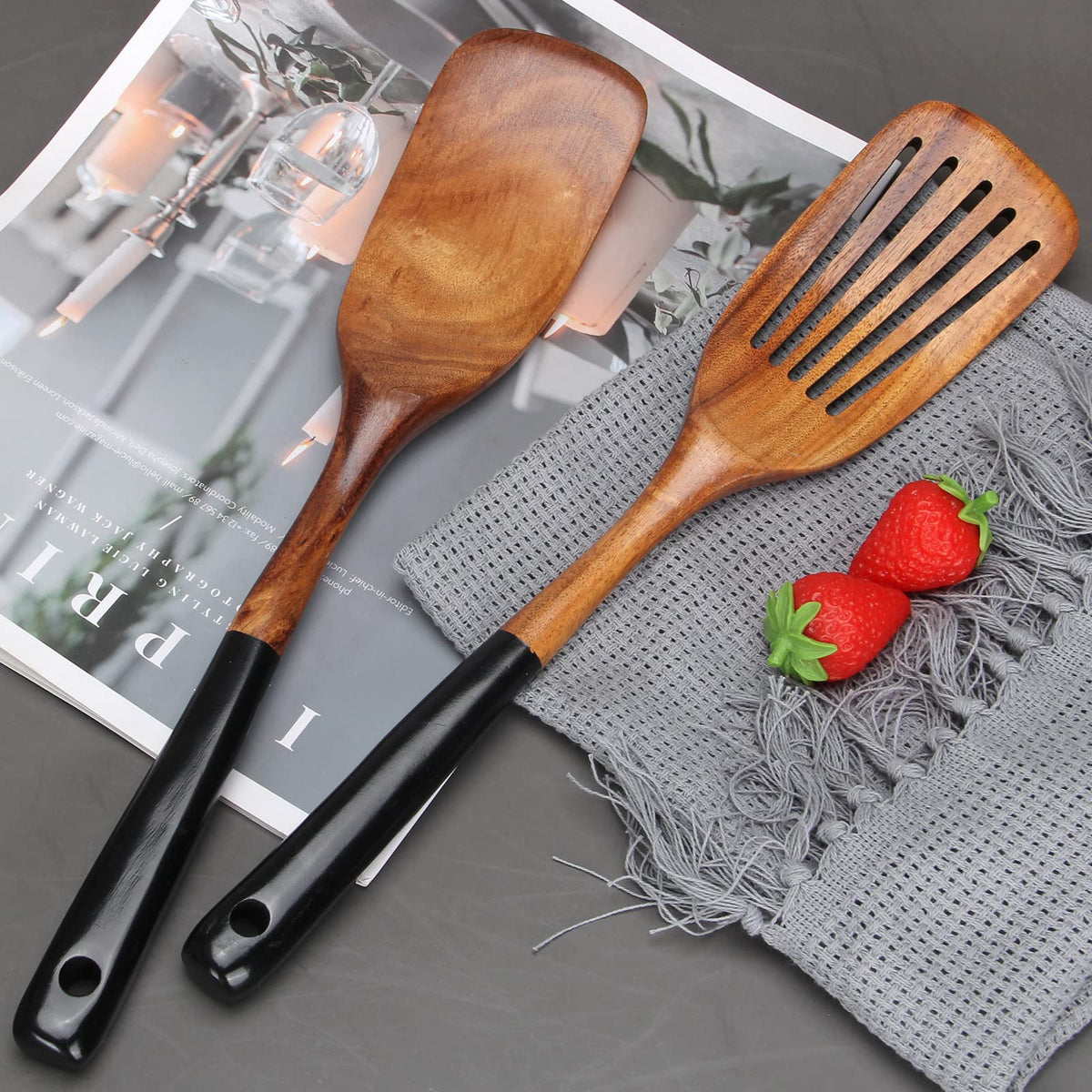 Ayiaren ergonomic handle teak spatula provides comfortable grip during cooking.