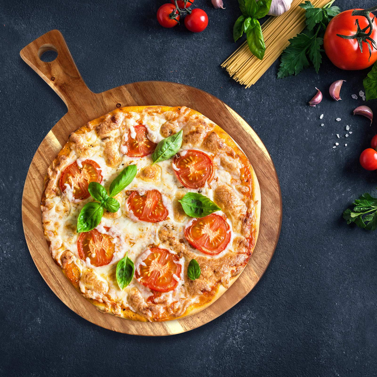 Ayiaren round acacia charcuterie board, sturdy surface for elegant cheese and meat platters.