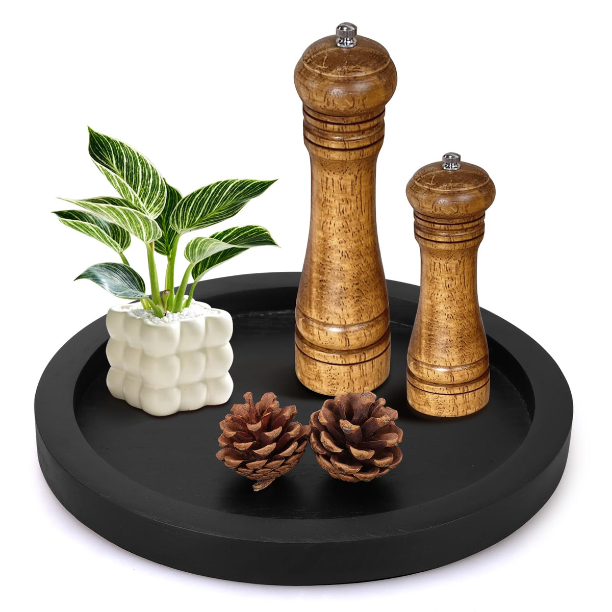 Ayiaren rustic round wooden serving tray on a coffee table, showcases warm grain and versatile styling.