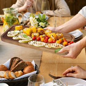 Ayiaren rectangle wood tray with no-spill edges, perfect for mushrooms and tapas.