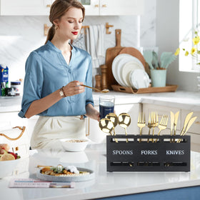 Ayiaren black wooden kitchen organizer holds utensils neatly on the counter.