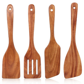 Ayiaren teak spatula right in use flipping eggs without scratching non-stick cookware.