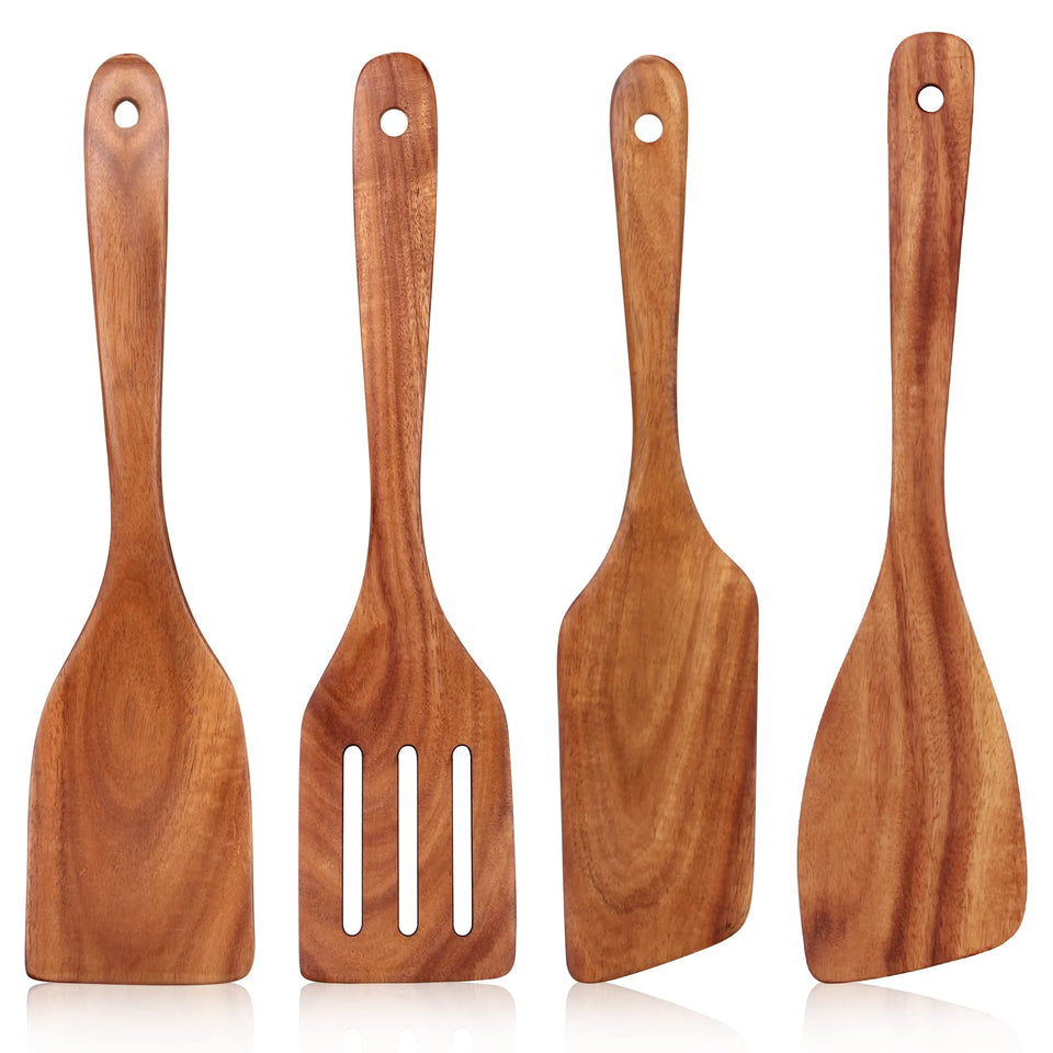 Ayiaren teak spatula right in use flipping eggs without scratching non-stick cookware.