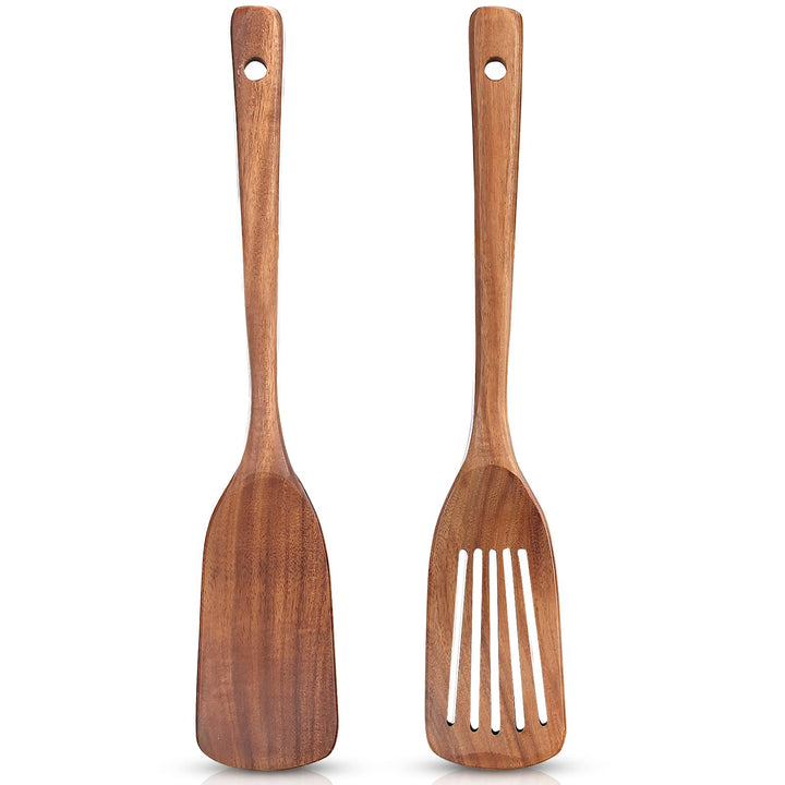 Ayiaren two-pack wooden spatulas in acacia wood for durable kitchen use.