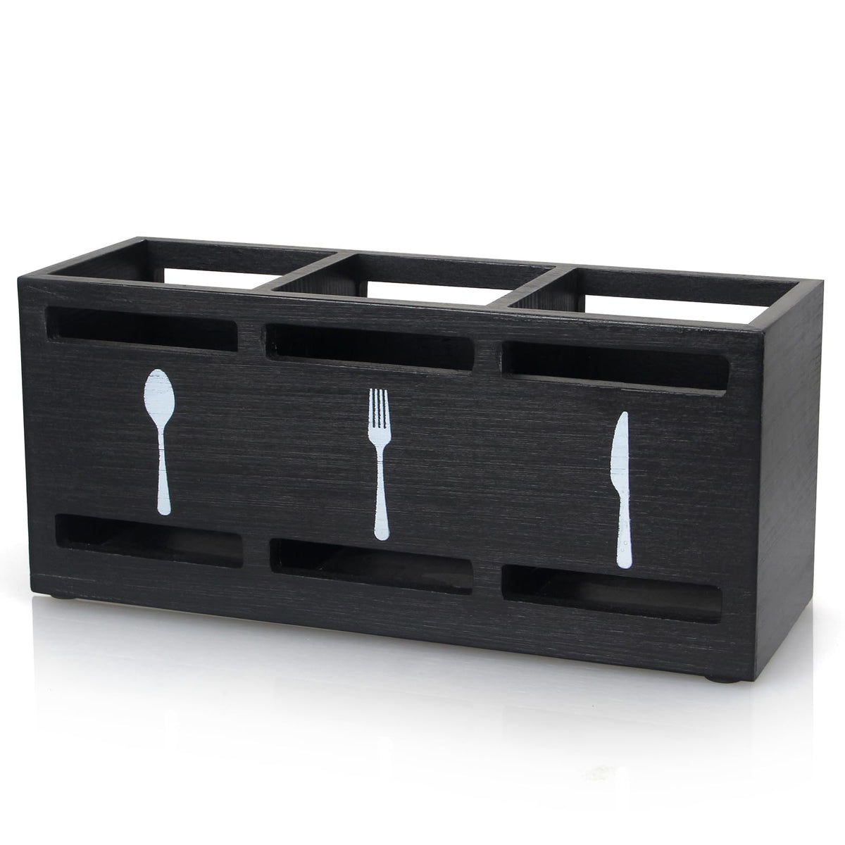 Ayiaren wooden silverware caddy front view with natural wood grain for organized counter.