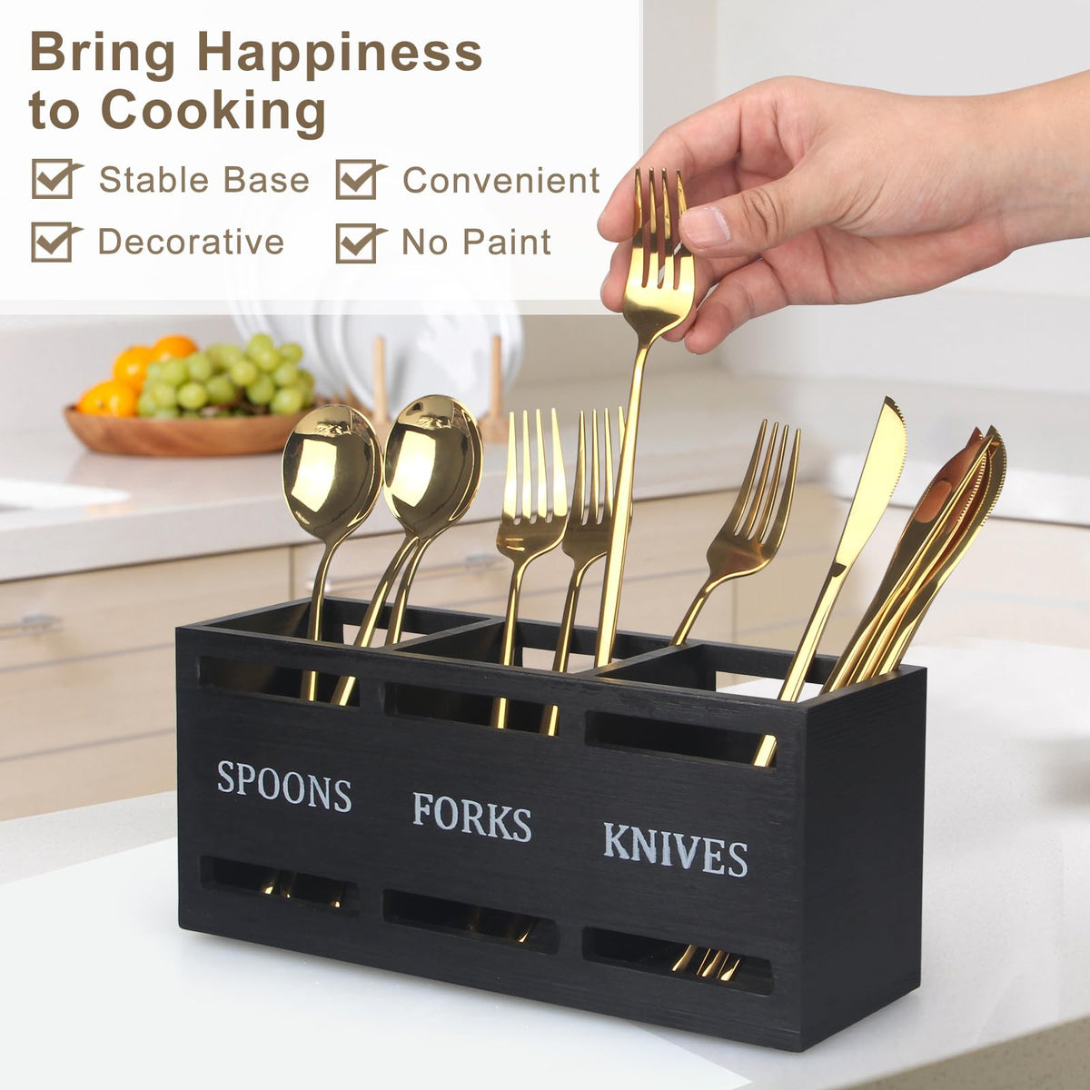 Ayiaren wooden silverware caddy large capacity with three compartments for utensils.